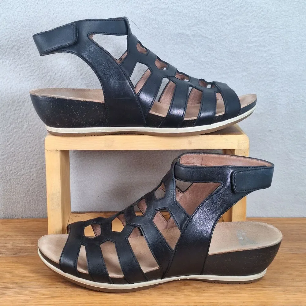 Dansko Valentina Women's 7.5 EU 38 Caged Gladiator Wedge Sandals Black Leather